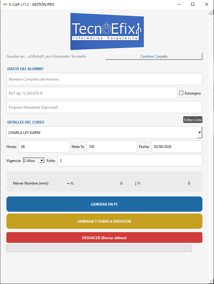 Captura de pantalla del generador de certificados E-CAP, aplicación de escritorio hecha en Python