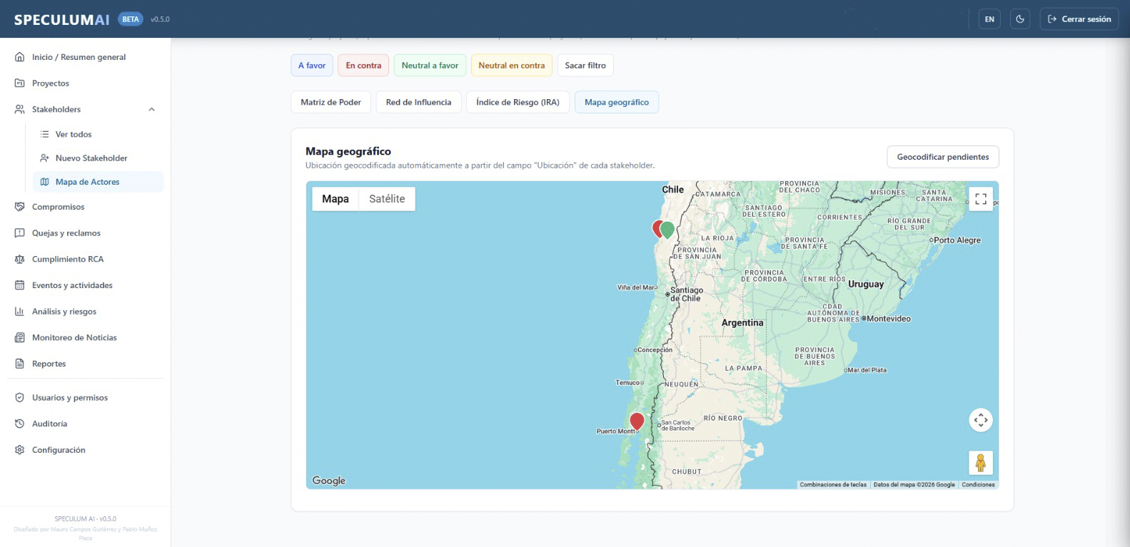 Captura de pantalla de SPECULUM AI, plataforma de gestión de stakeholders con mapa geográfico